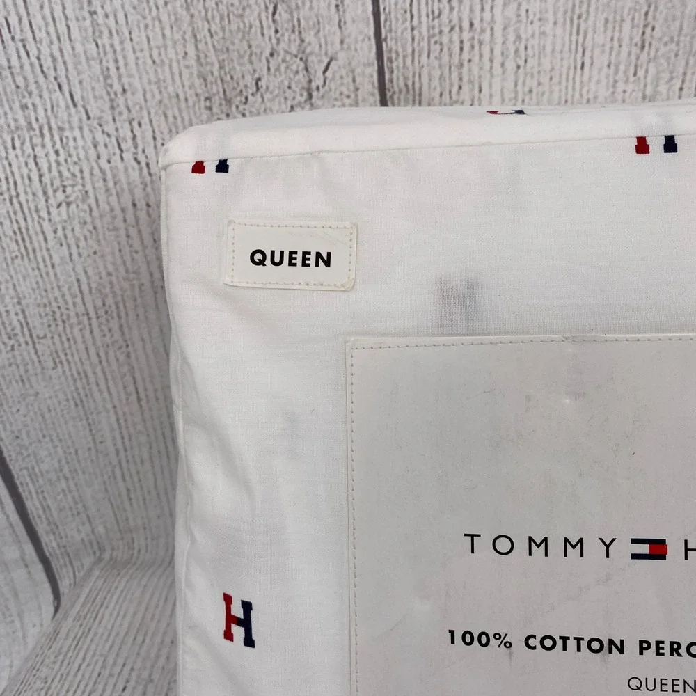 Tommy Hilfiger Sheet Set Queen White Varsity H Logo Percale Cotton Preppy Decor
